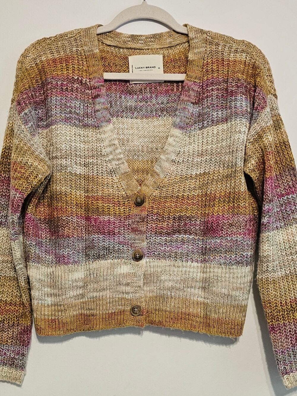 Lucky Brand Multicolor Striped V-Neck Button Cardigan - Cream, Gold, Pink, Gray
